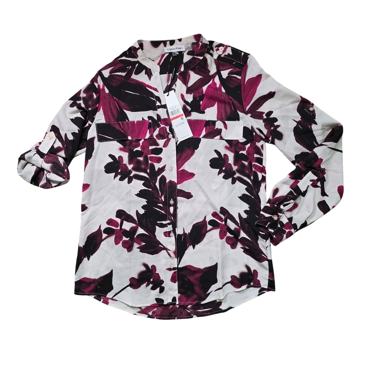 Calvin Klein Smock Yoke Chiffon Button-Front Tie Blouse Women’s XS