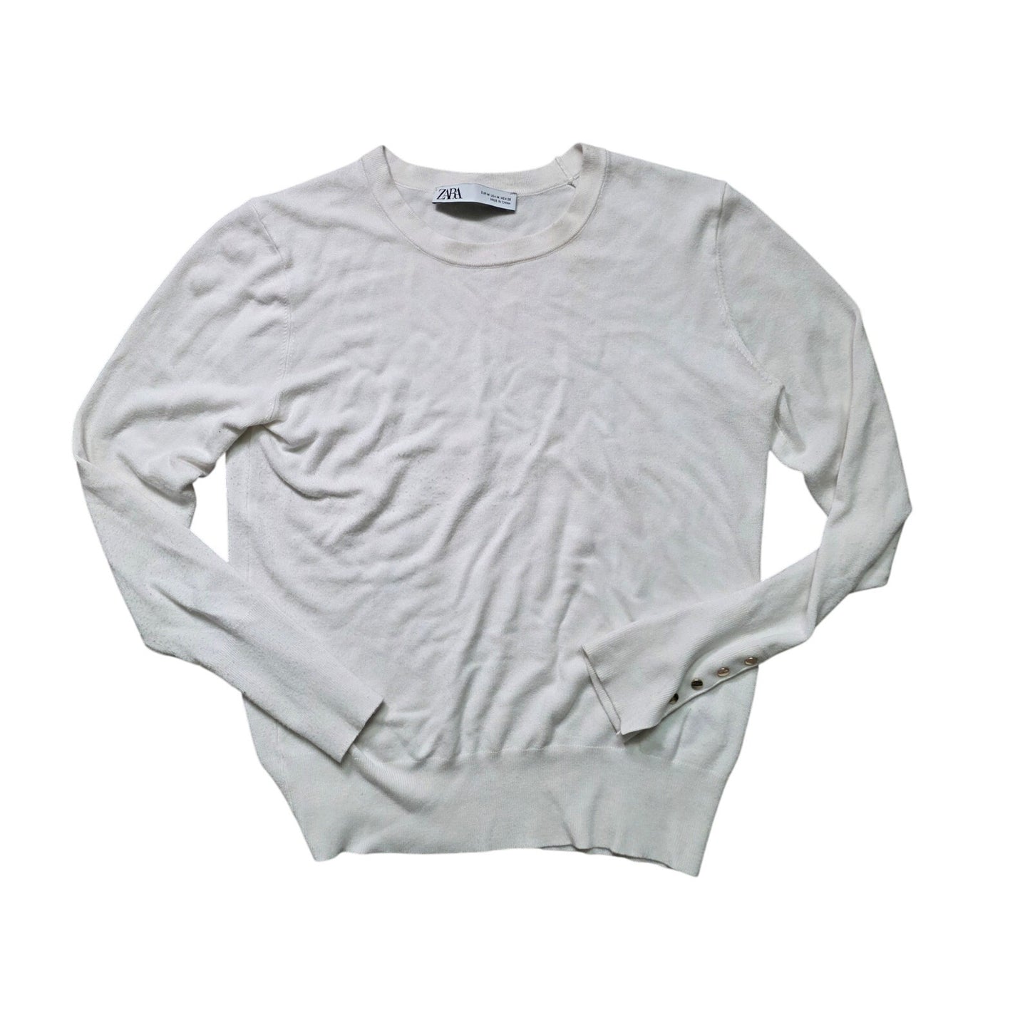 Zara Sweater Womens M Off White Button Sleeve Knit Pullover
