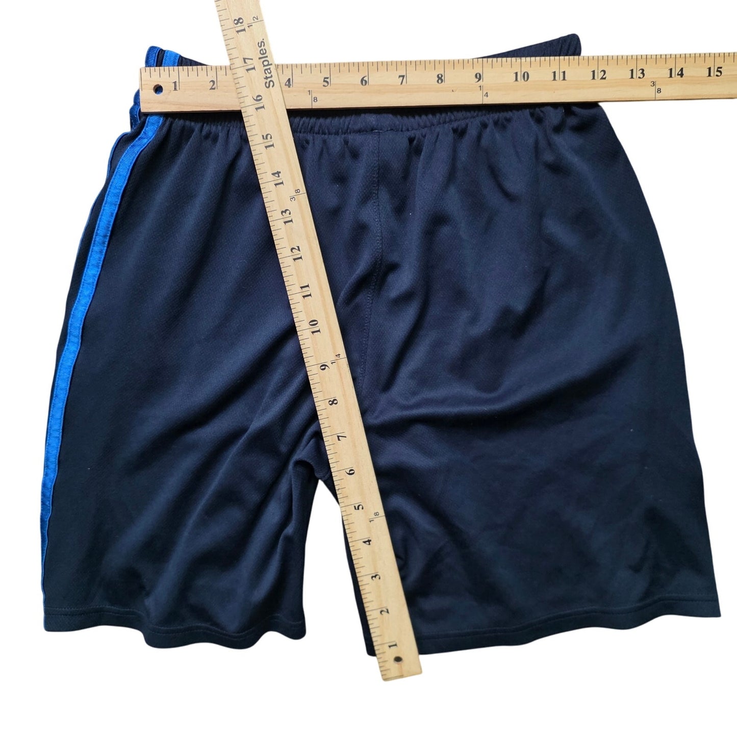 Adidas Shorts Boys L 14/16 Black Blue Terry Drawstring 3-Stripes