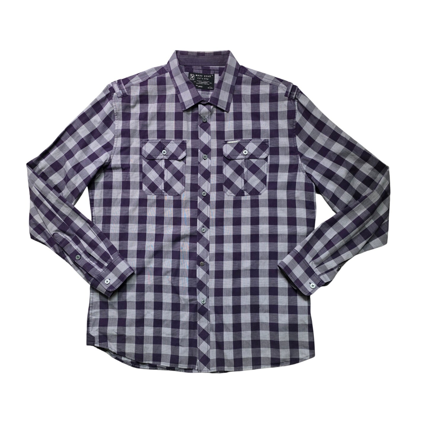 Marc Ecko Check Shirt Men’s L Purple Cotton Long Sleeve Casual