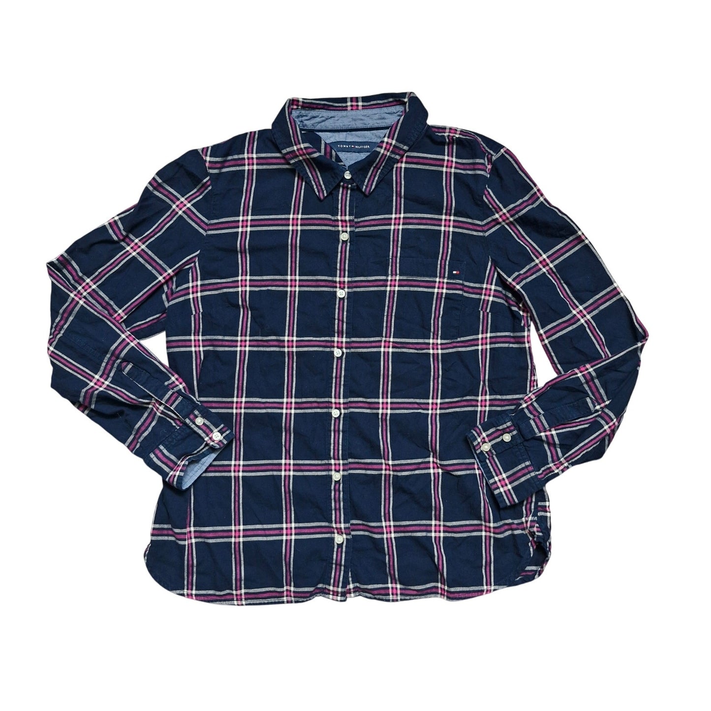 Tommy Hilfiger New York Fit Blue Pink Shirt Men’s Size Small Button-Up