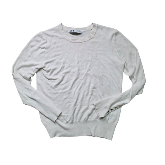 Zara Sweater Womens M Off White Button Sleeve Knit Pullover