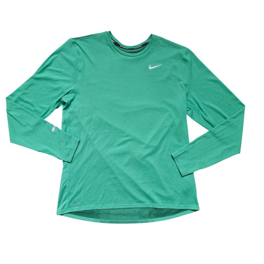 Nike Shirt Mens Large Green Dri Fit Long Sleeve Crew Neck Logo Running Active