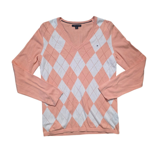 Tommy Hilfiger V-Neck Sweater Women’s M Pink Argyle Knit